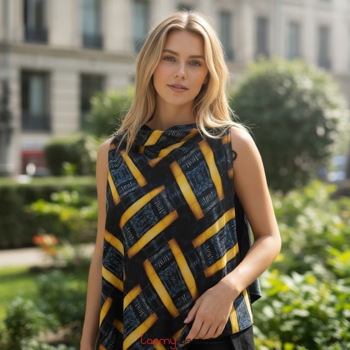 Digital and velvet scarf - HND24.213V DARK BLUE ( 2 sides )